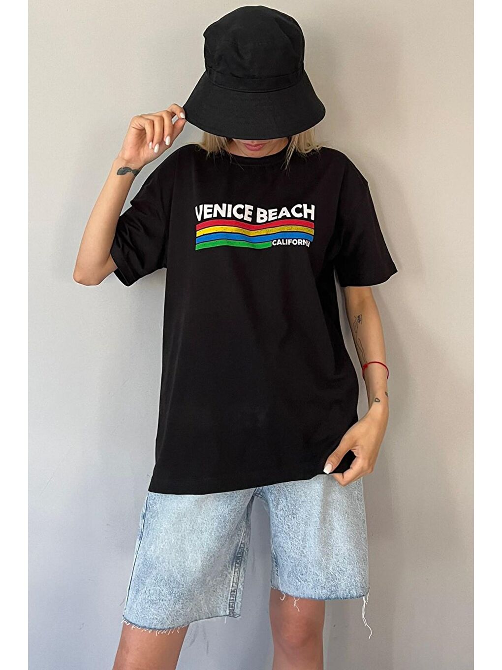 Siyah Baskılı Over Fit Tişört Mg1516-4