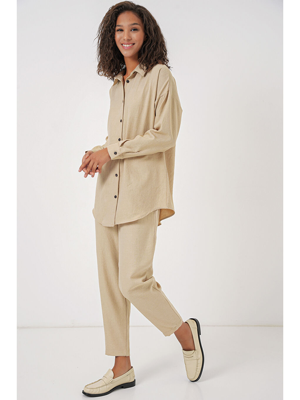 Kadın Bej Oversize Keten Alt Üst Takım 6622-2
