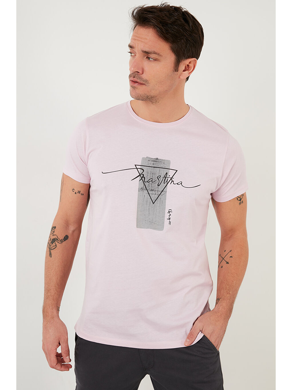 Pembe Baskılı %100 Pamuk Bisiklet Yaka Slim Fit Tişört 541MARTİNA-6