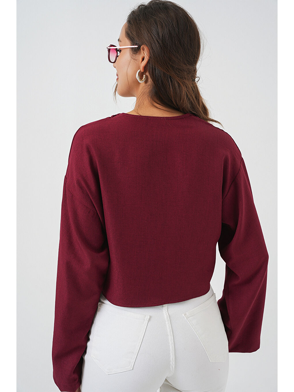 Önü Bağlamalı Keten Kimono 960 - Bordo-5