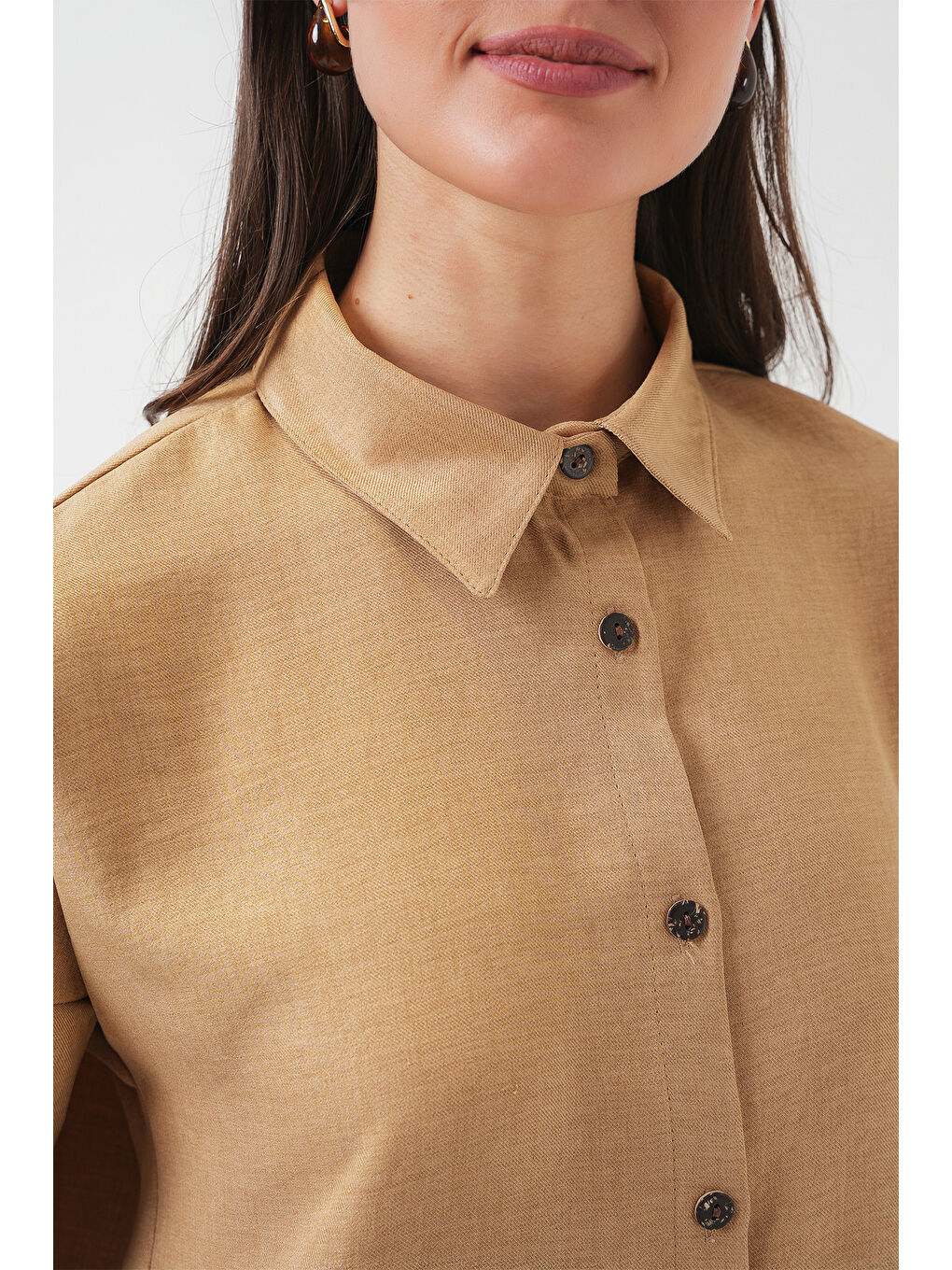 Sarı Kadın Camel Oversize Keten Alt Üst Takım 6622-5