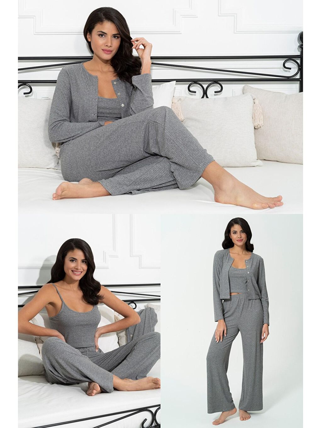 Antrasit 3'lü Fitilli Atlet Hırka Pijama Altı Takım