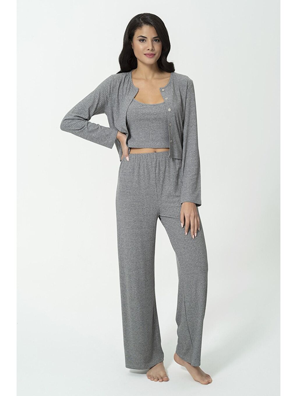 Antrasit 3'lü Fitilli Atlet Hırka Pijama Altı Takım-1