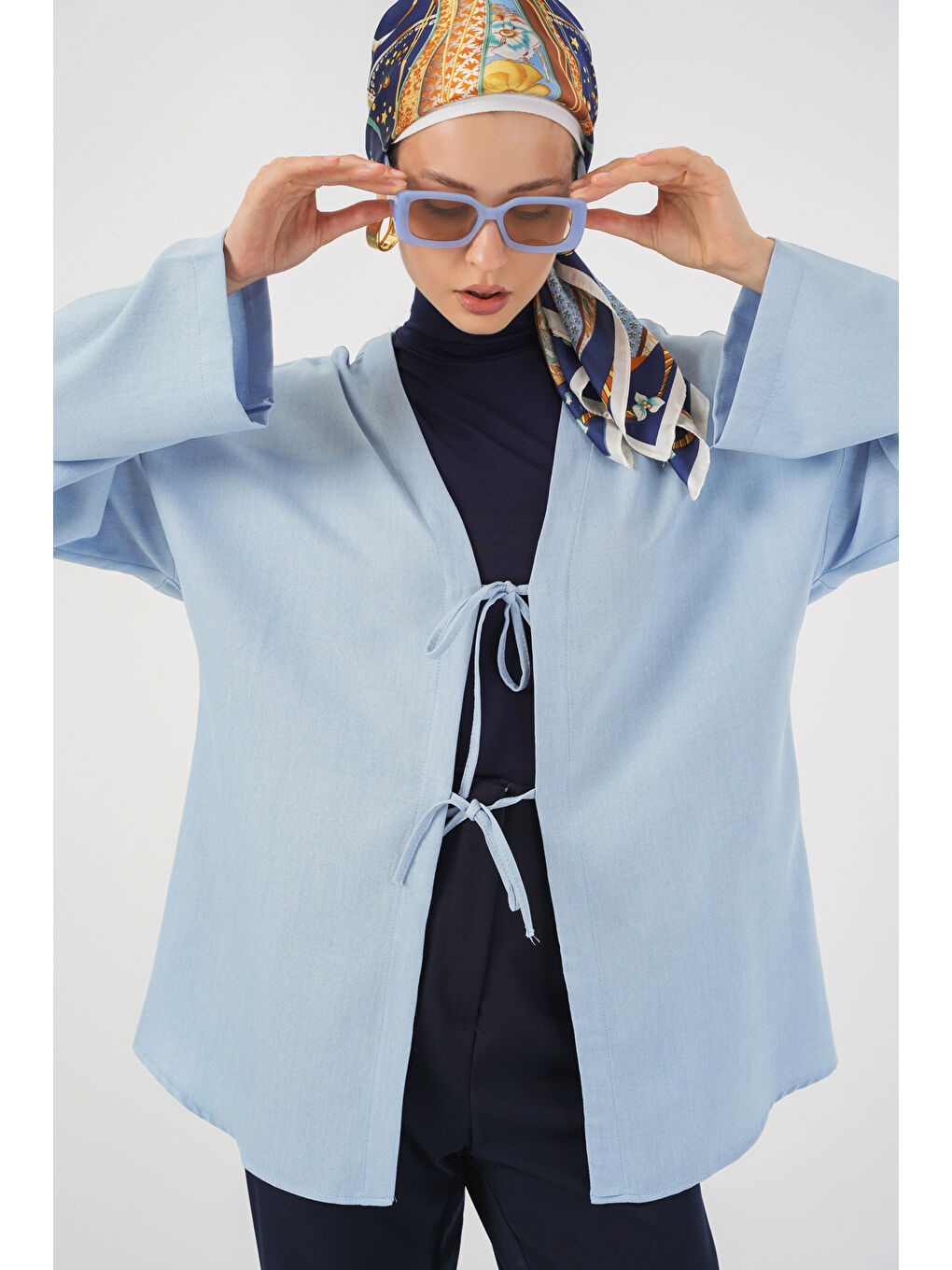 Keten Tesettür Kimono 5968 - Mavi-2