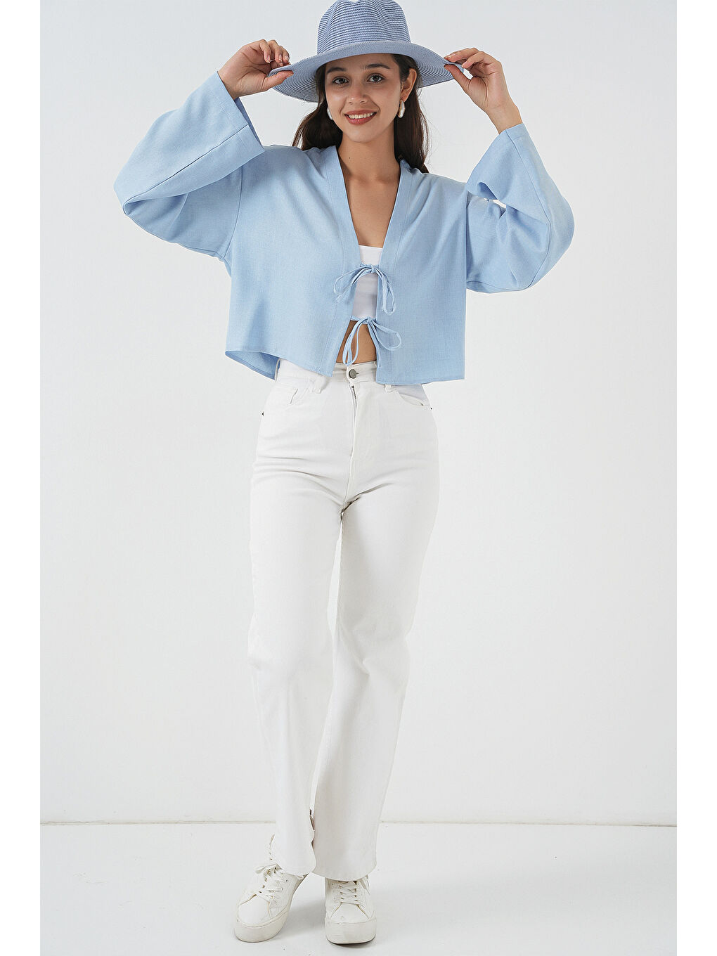 Önü Bağlamalı Keten Kimono 960 - Mavi-1