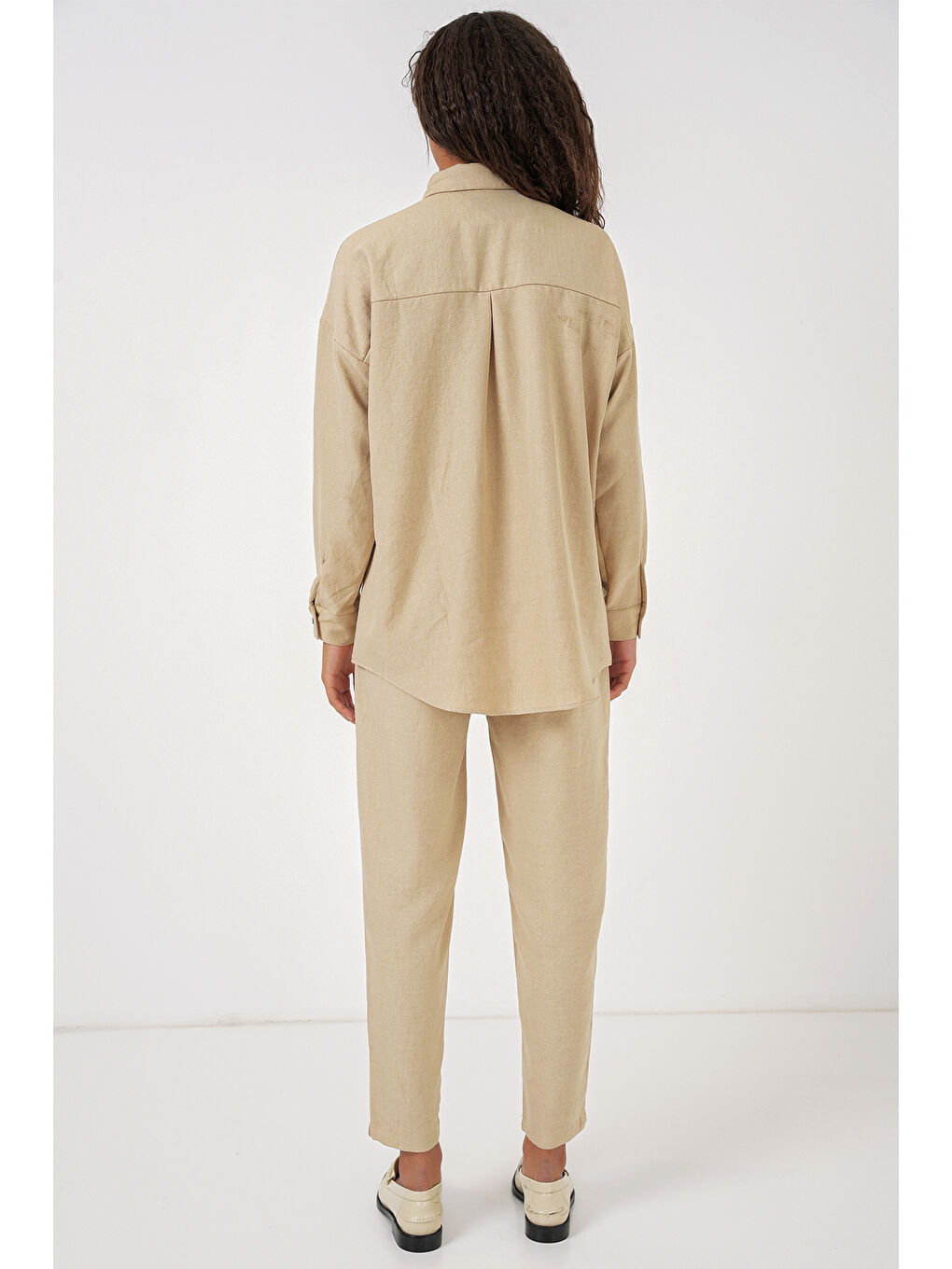 Kadın Bej Oversize Keten Alt Üst Takım 6622-4