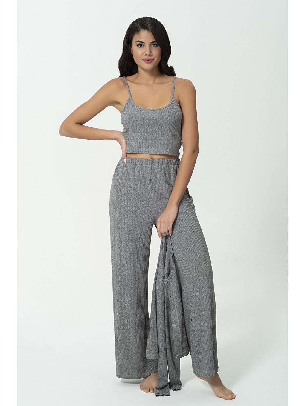 Antrasit 3'lü Fitilli Atlet Hırka Pijama Altı Takım-3