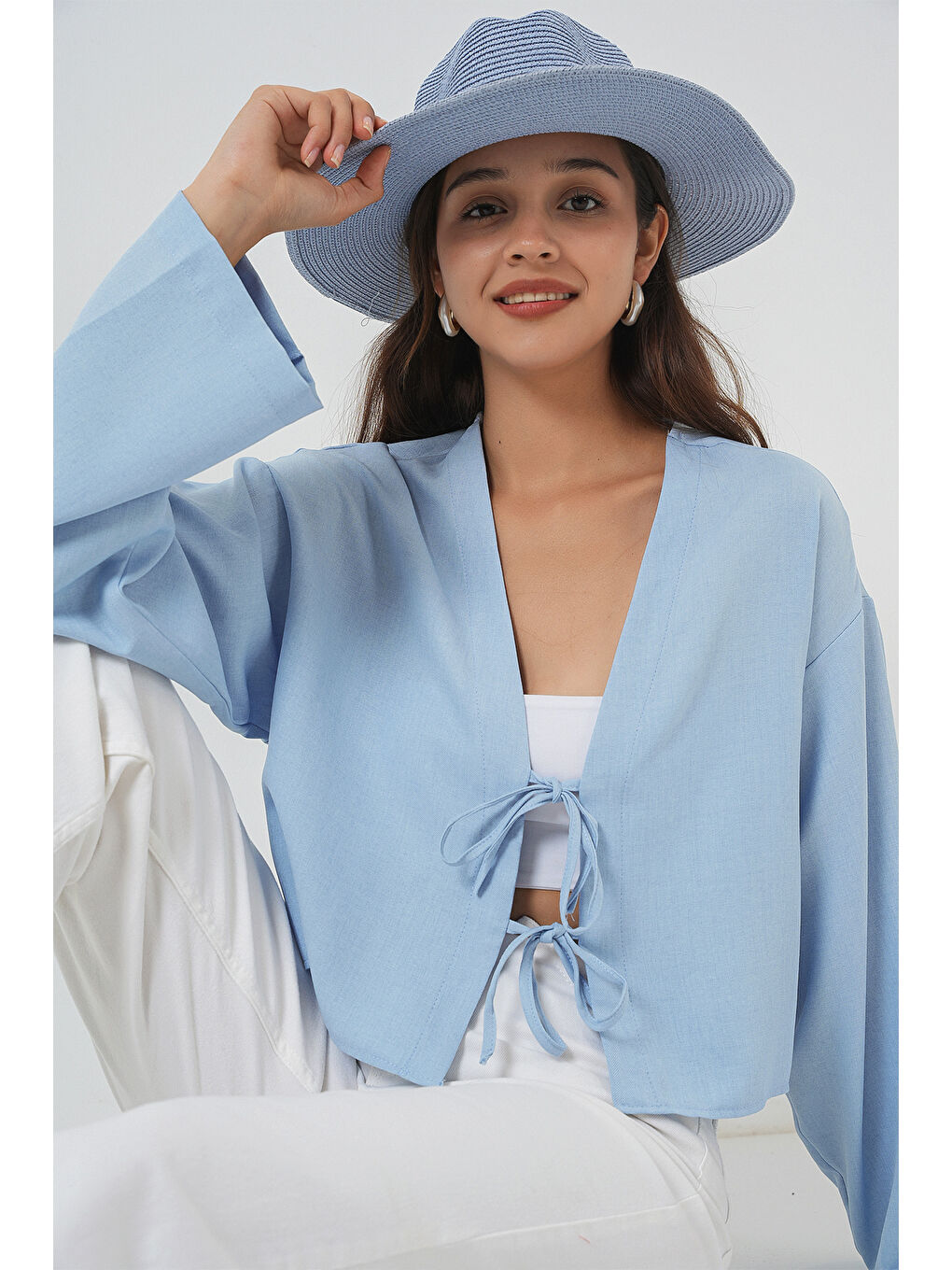 Önü Bağlamalı Keten Kimono 960 - Mavi-2