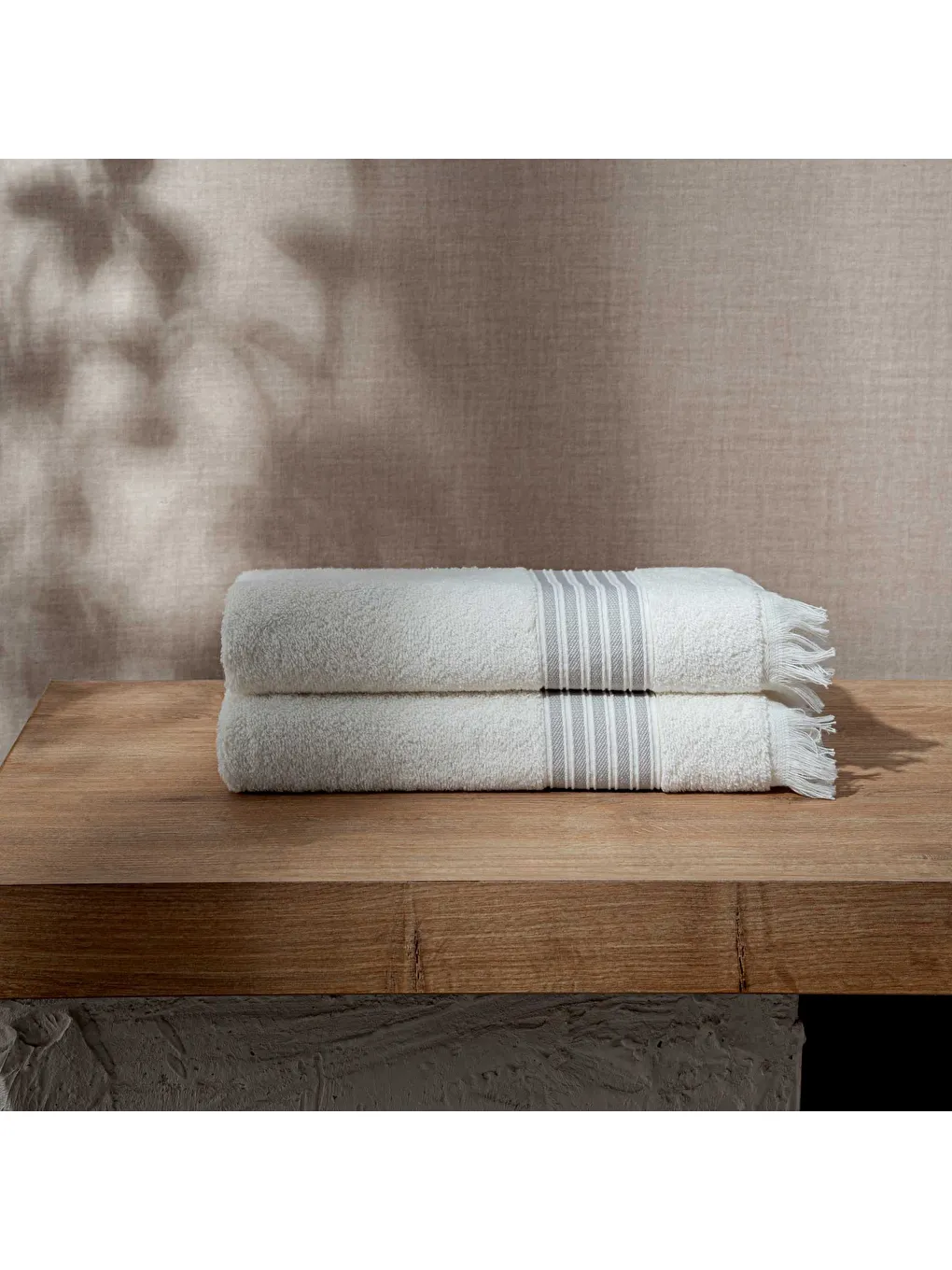 Ekru Aya 2'li El Yüz Havlusu Seti %100 Pamuk Jakarlı Krem 50x80 Cm-1