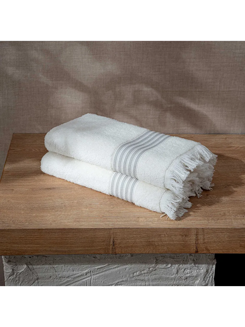 Ekru Aya 2'li El Yüz Havlusu Seti %100 Pamuk Jakarlı Krem 50x80 Cm-2