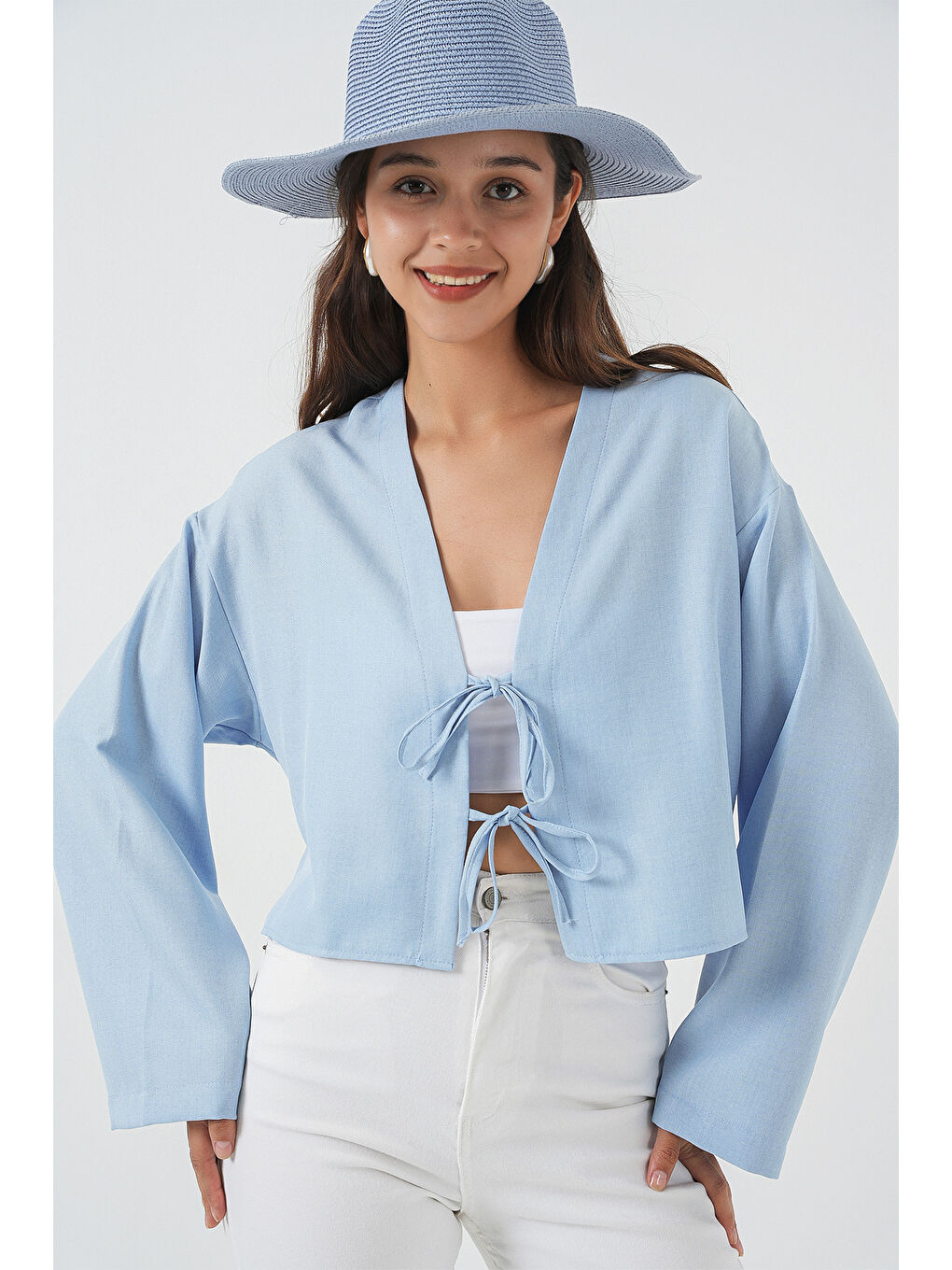 Önü Bağlamalı Keten Kimono 960 - Mavi-3