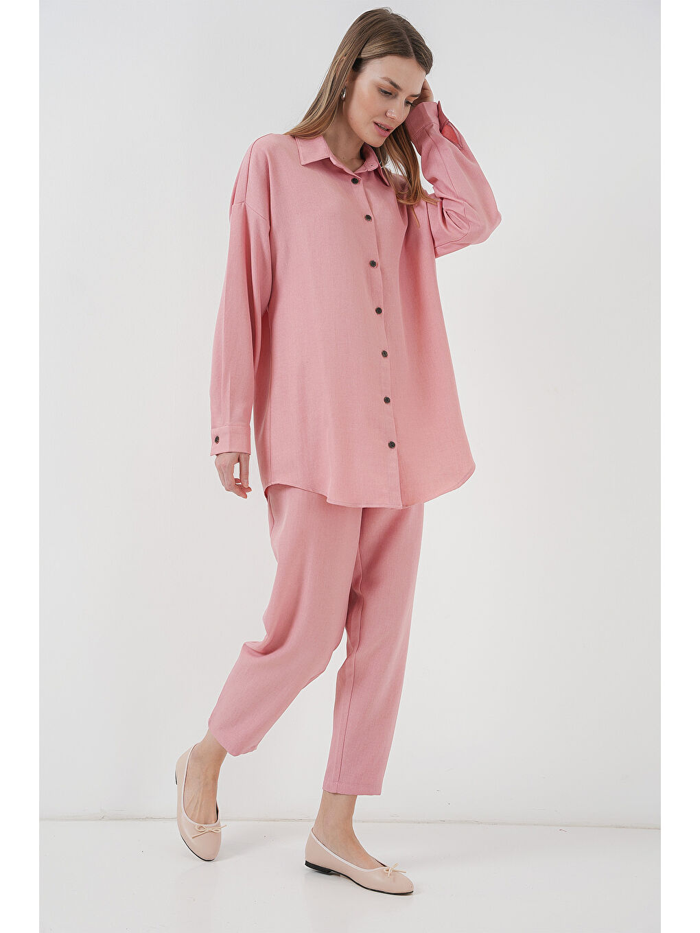 Pembe 6622 Keten İkili Takım - Pudra