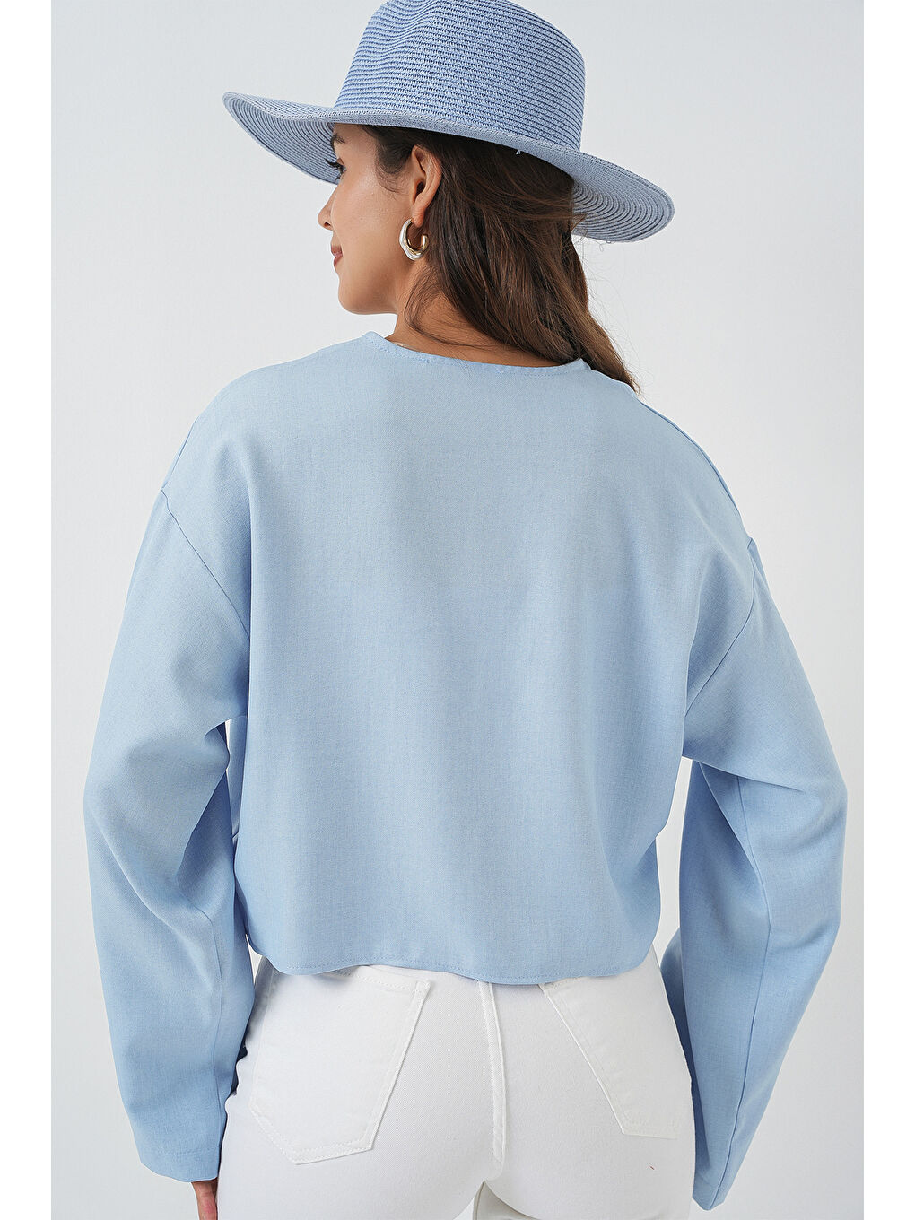 Önü Bağlamalı Keten Kimono 960 - Mavi-5