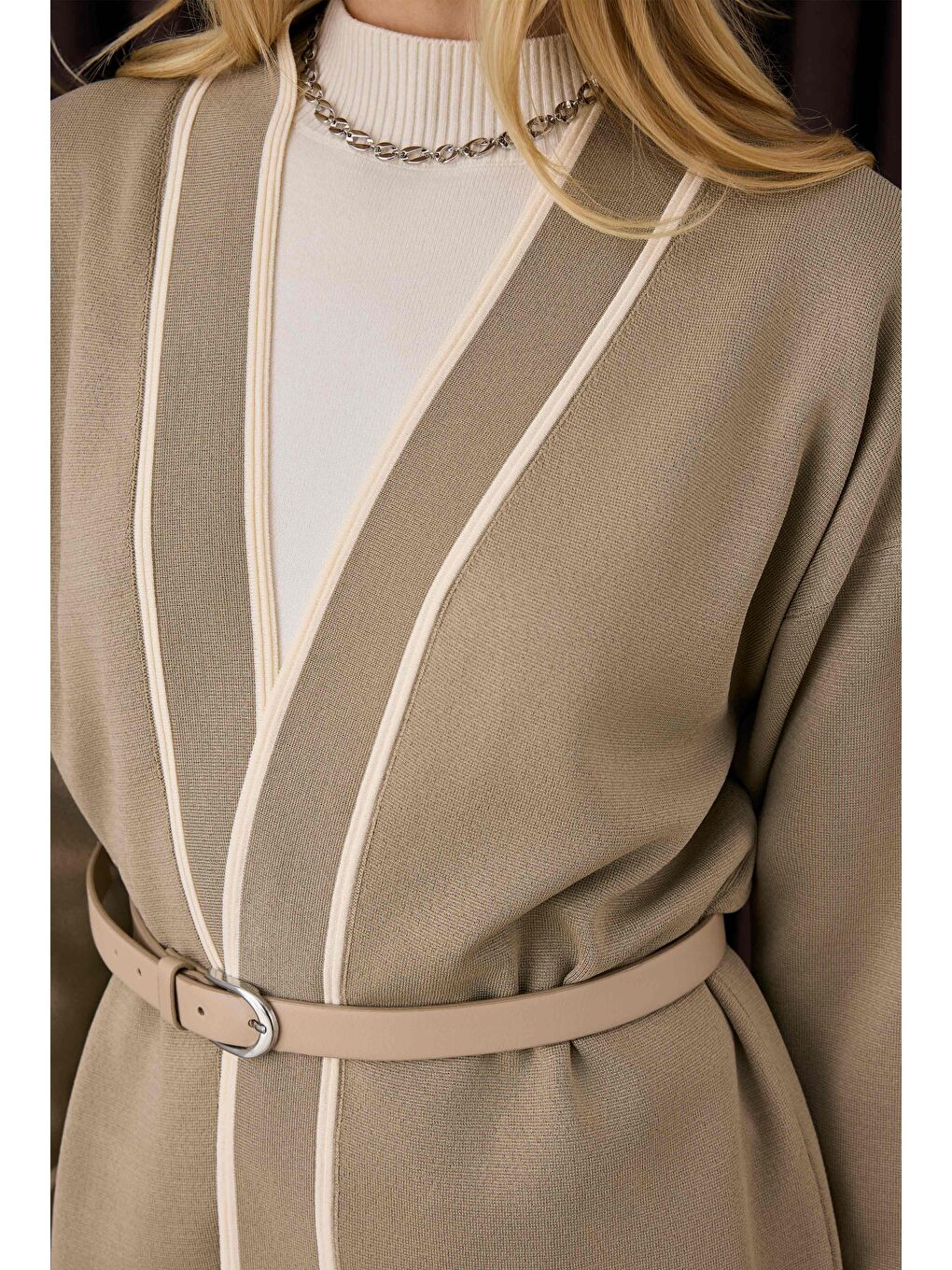 Bej Şerit Detaylı Hırka Vizon-Kemik-4