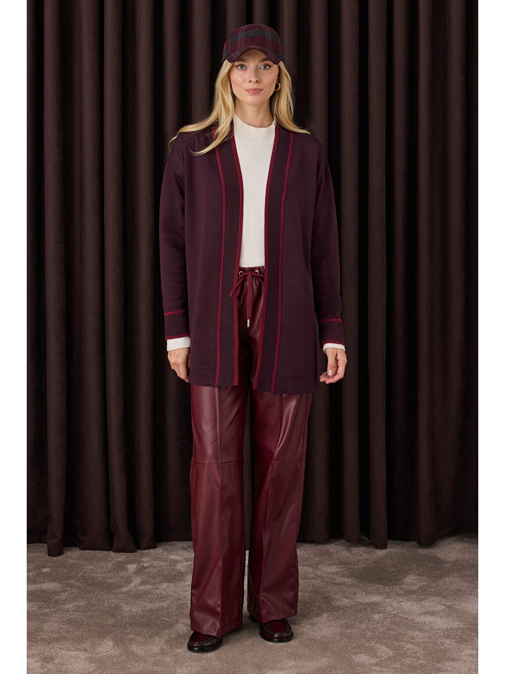 Şerit Detaylı Hırka Koyu Mürdüm-Bordo-1