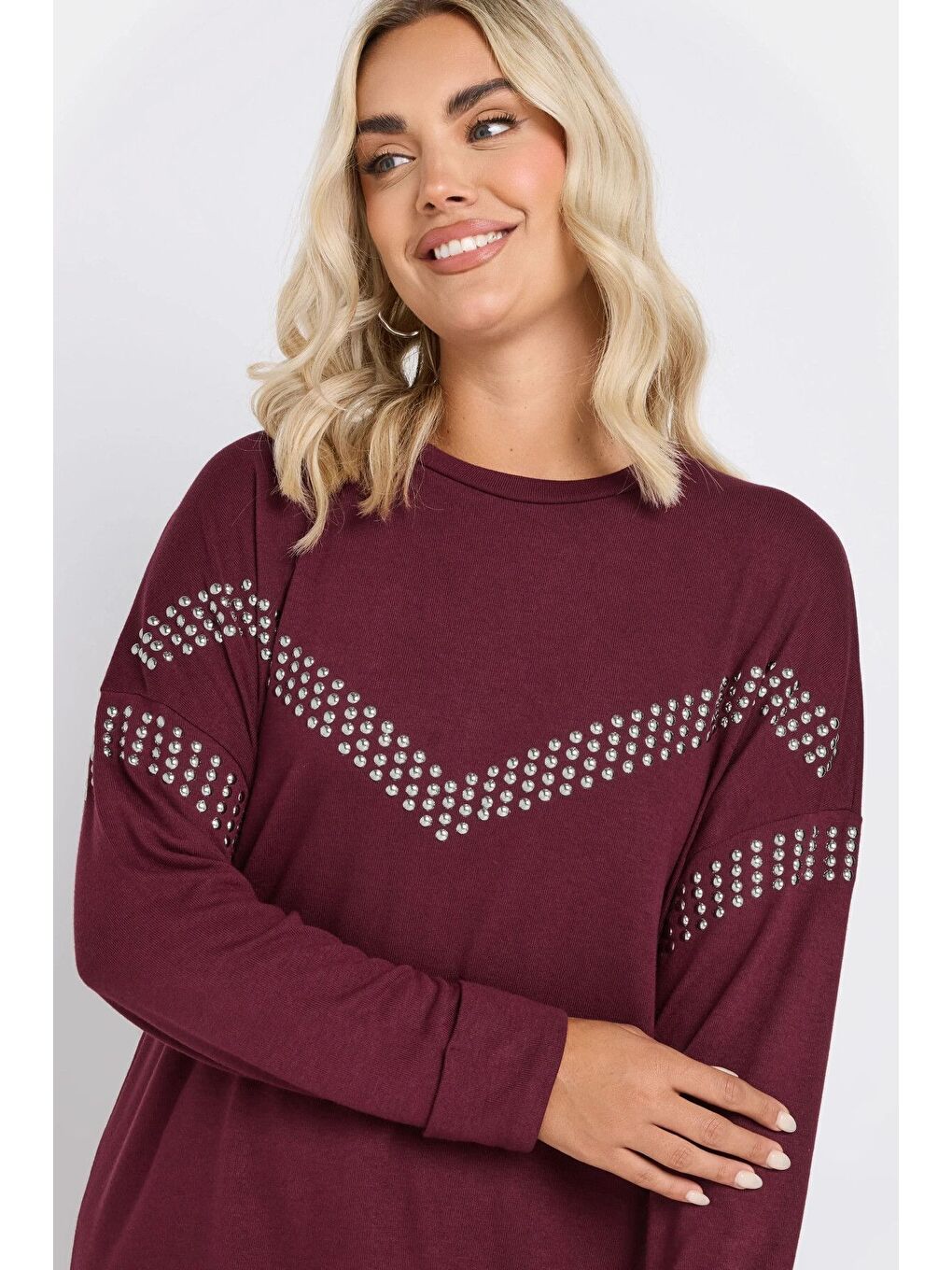 Bordo Büyük Beden Bisiklet Yaka Uzun Kollu Pul İşlemeli Bluz 322184-1