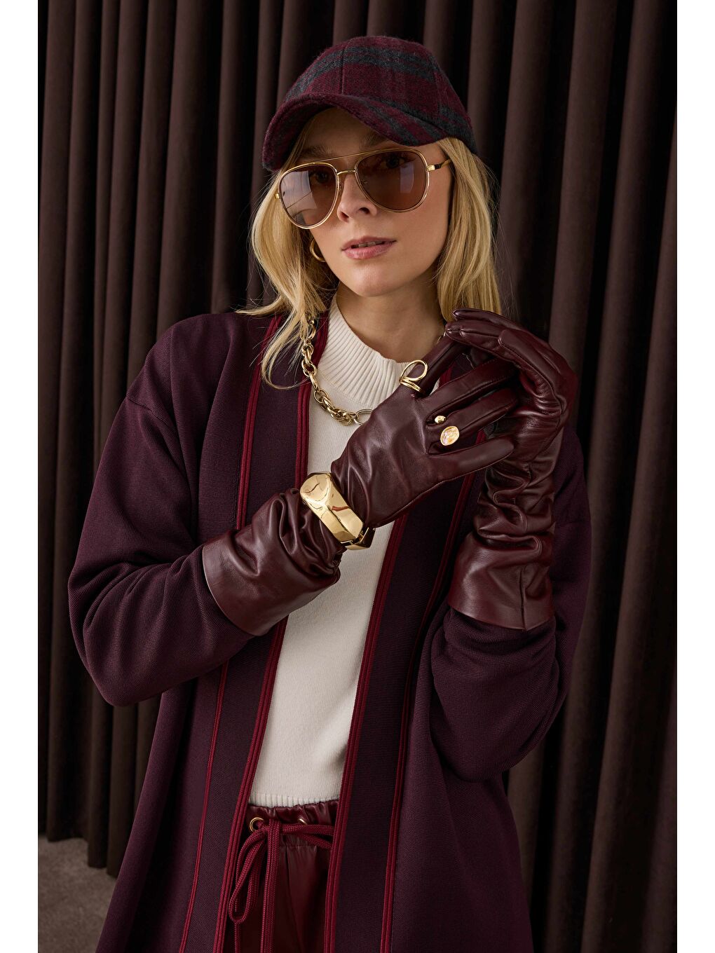 Şerit Detaylı Hırka Koyu Mürdüm-Bordo-2