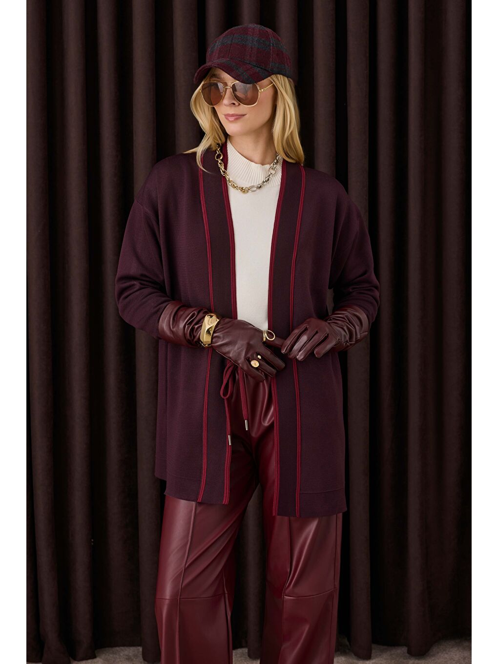 Şerit Detaylı Hırka Koyu Mürdüm-Bordo-4