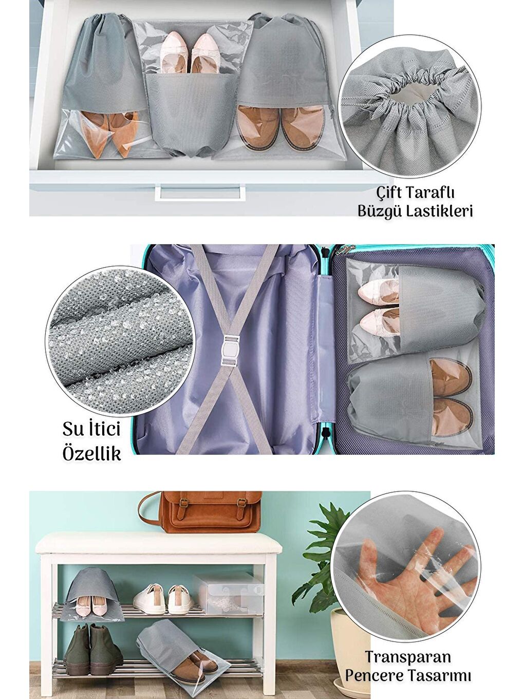Gri 10 Adet Pencereli Ayakkabı Düzenleyici Çanta - Seyahat Hurcu Valiz Dolap İçi Düzenleyici-1