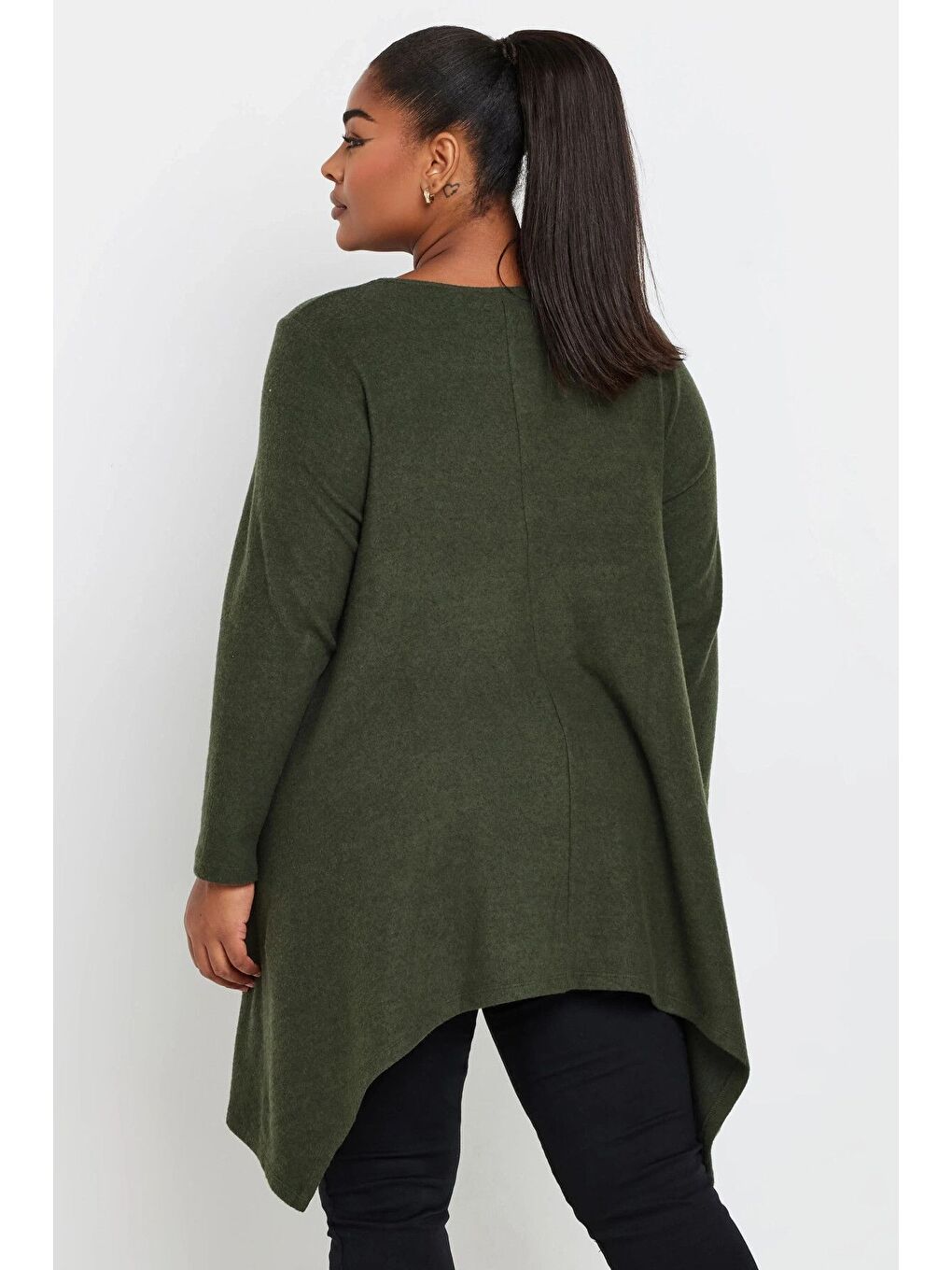 Haki Büyük Beden Bisiklet Yaka Uzun Kollu Eteği Asimetrik Kesim Bluz 322188-4