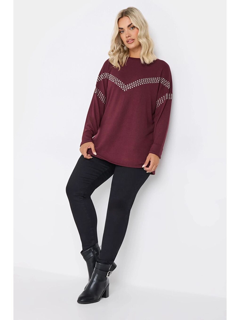 Bordo Büyük Beden Bisiklet Yaka Uzun Kollu Pul İşlemeli Bluz 322184-3