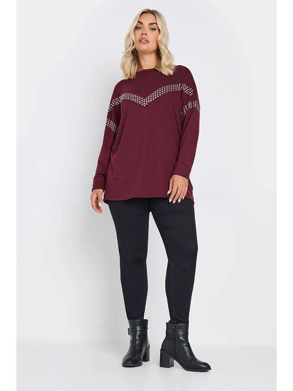 Bordo Büyük Beden Bisiklet Yaka Uzun Kollu Pul İşlemeli Bluz 322184-4