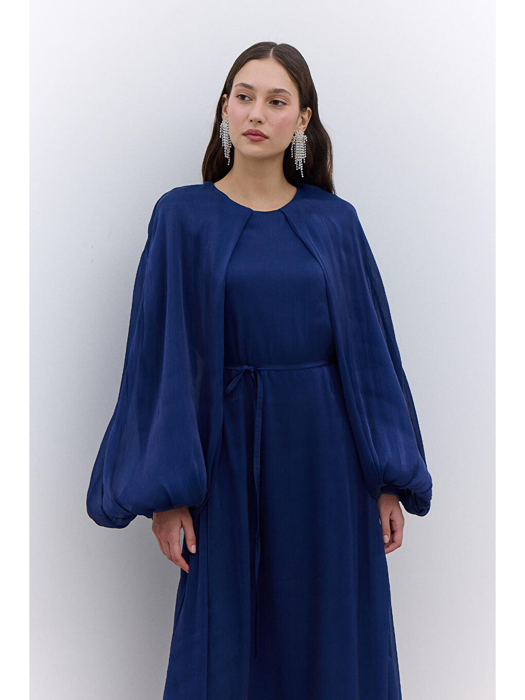 Geniş Kol Detaylı Elbise Gece Mavisi-1