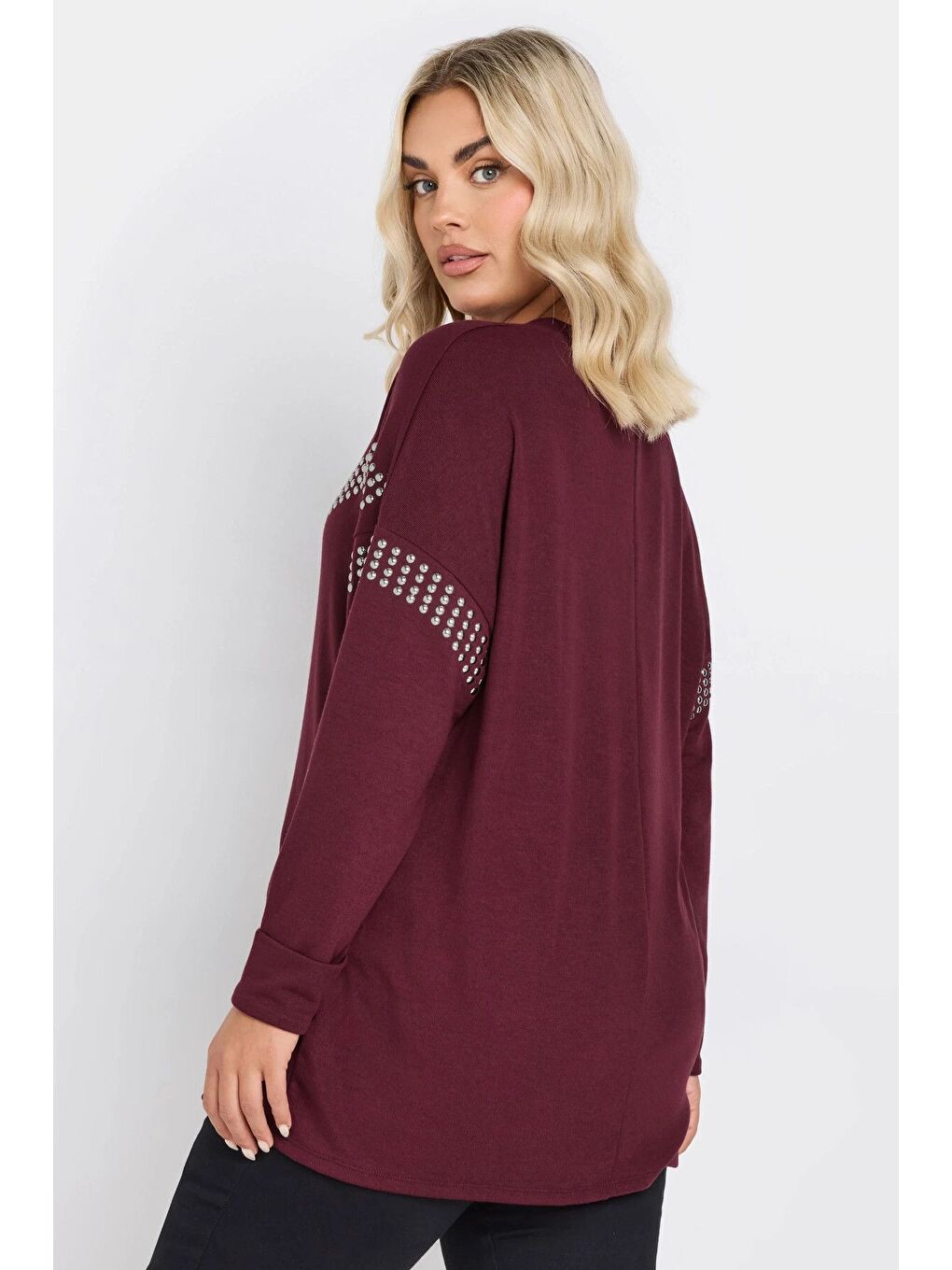 Bordo Büyük Beden Bisiklet Yaka Uzun Kollu Pul İşlemeli Bluz 322184-5