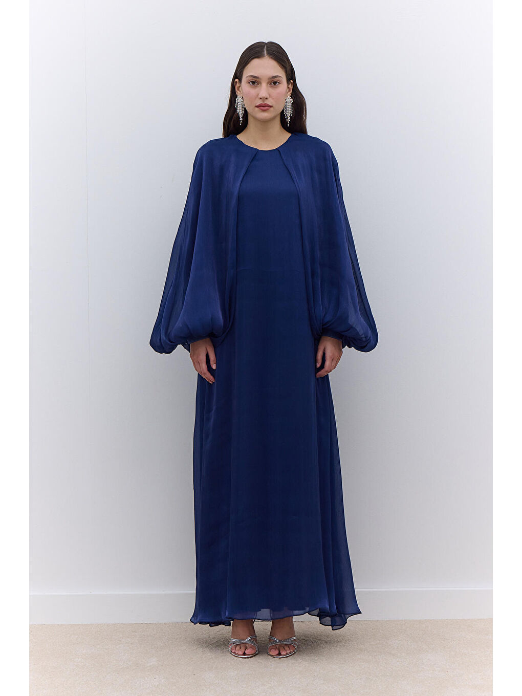 Geniş Kol Detaylı Elbise Gece Mavisi-2