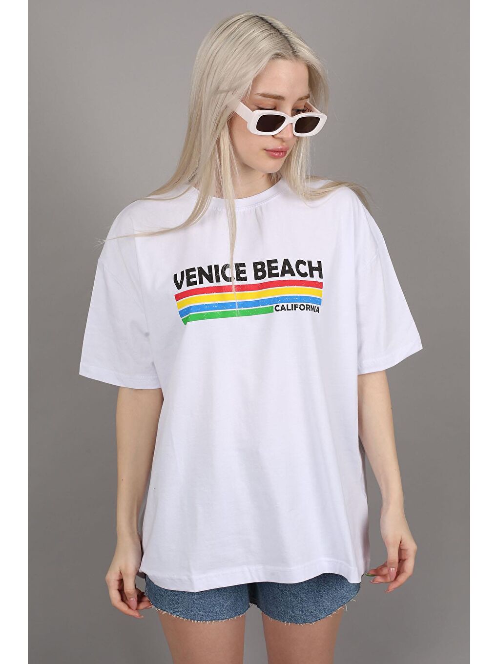 Beyaz Baskılı Over Fit Tişört Mg1516-1