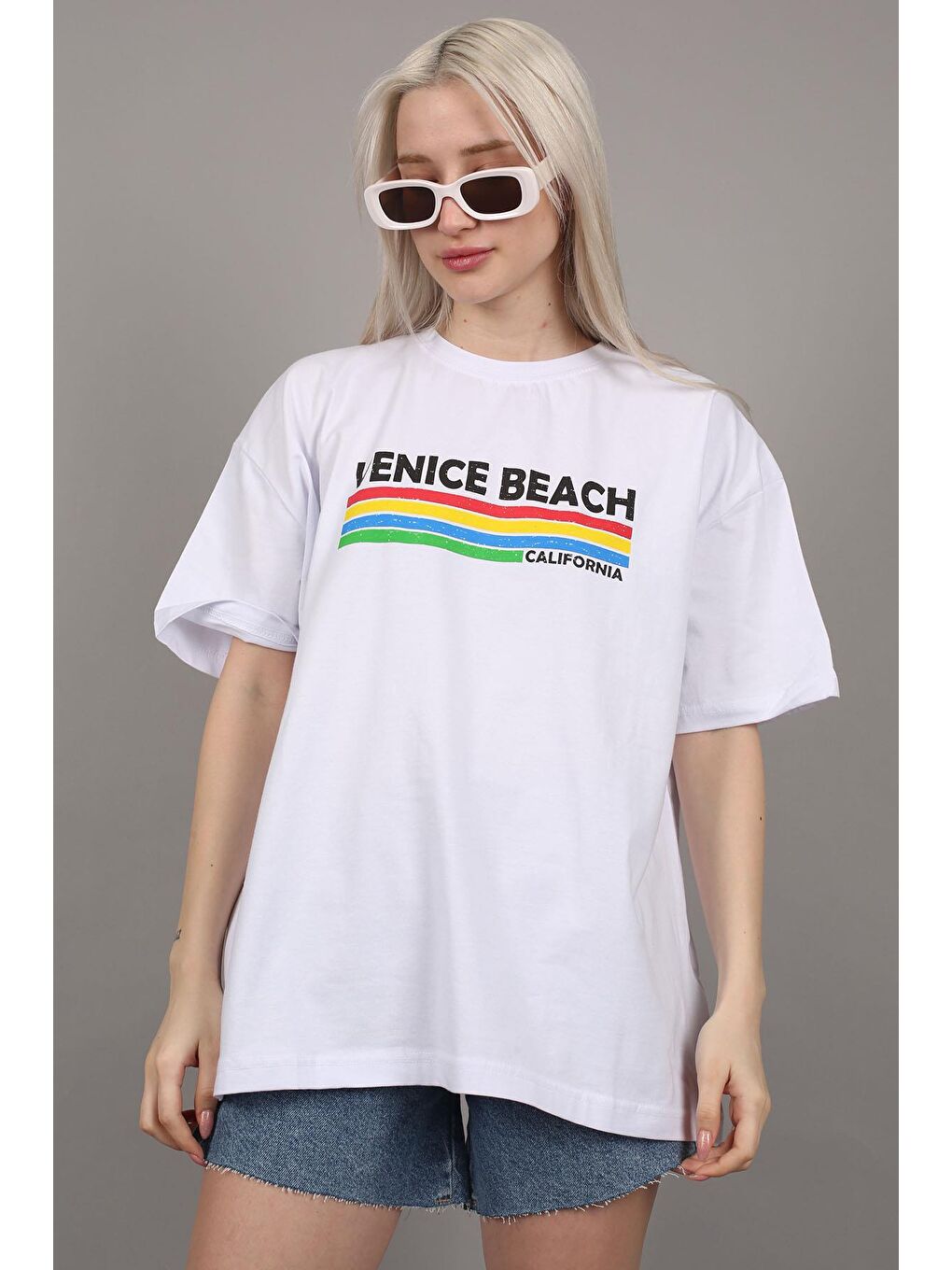 Beyaz Baskılı Over Fit Tişört Mg1516-2