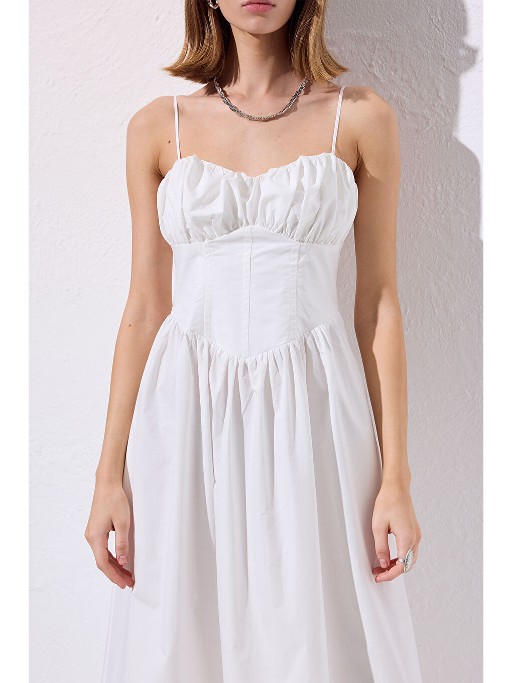 Büzgülü Korsajlı Elbise Ekru-2