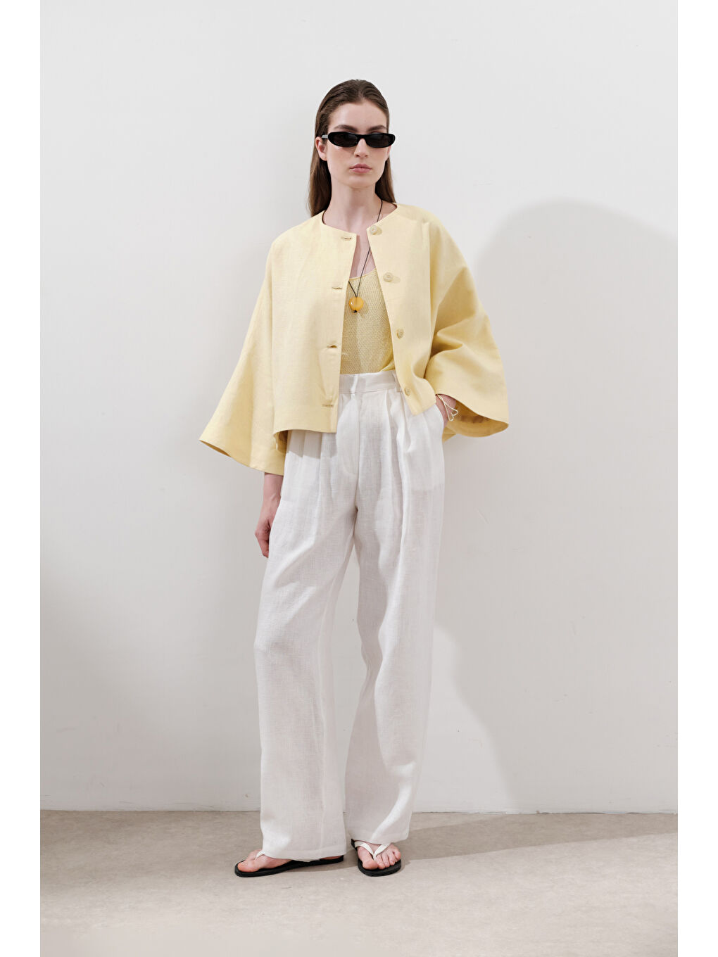 Keten Pileli Geniş Pantolon Ekru