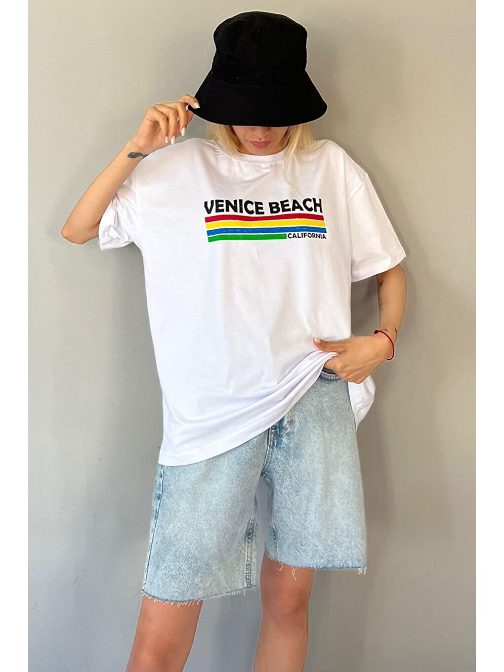 Beyaz Baskılı Over Fit Tişört Mg1516-4