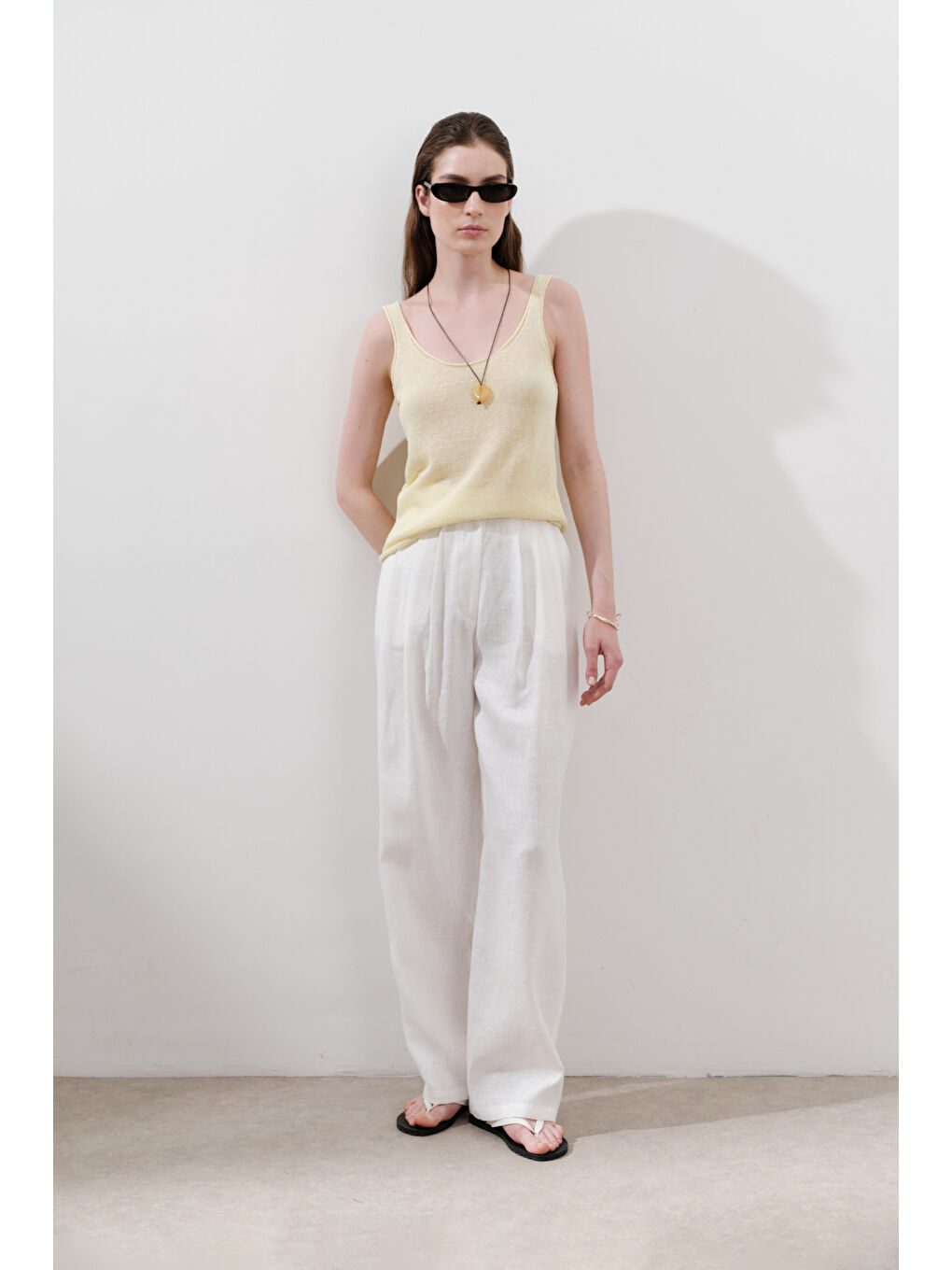 Keten Pileli Geniş Pantolon Ekru-2