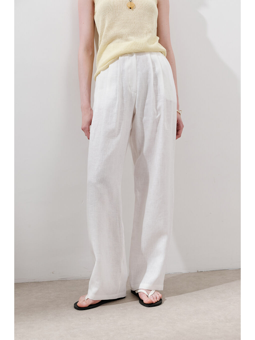 Keten Pileli Geniş Pantolon Ekru-3