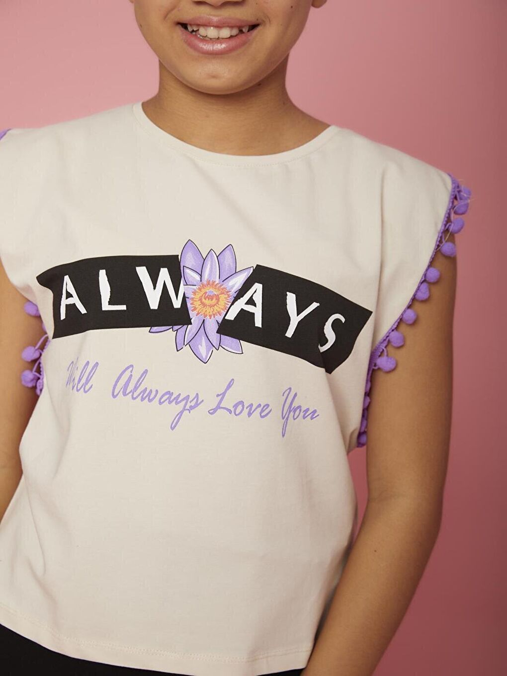 Bej Kız Çocuk Ponpon Şeritli Tişört-1