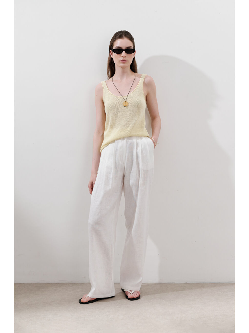Keten Pileli Geniş Pantolon Ekru-4