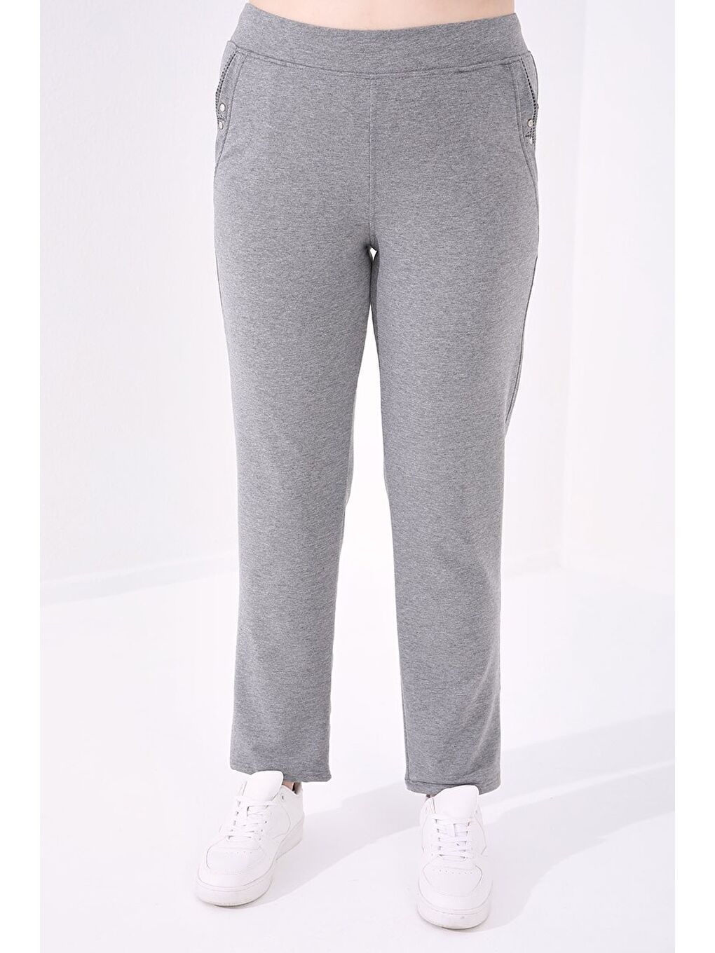 Gri Melanj Cepli Rahat Form Klasik Paça Kadın Büyük Beden Eşofman Alt - 94014-1