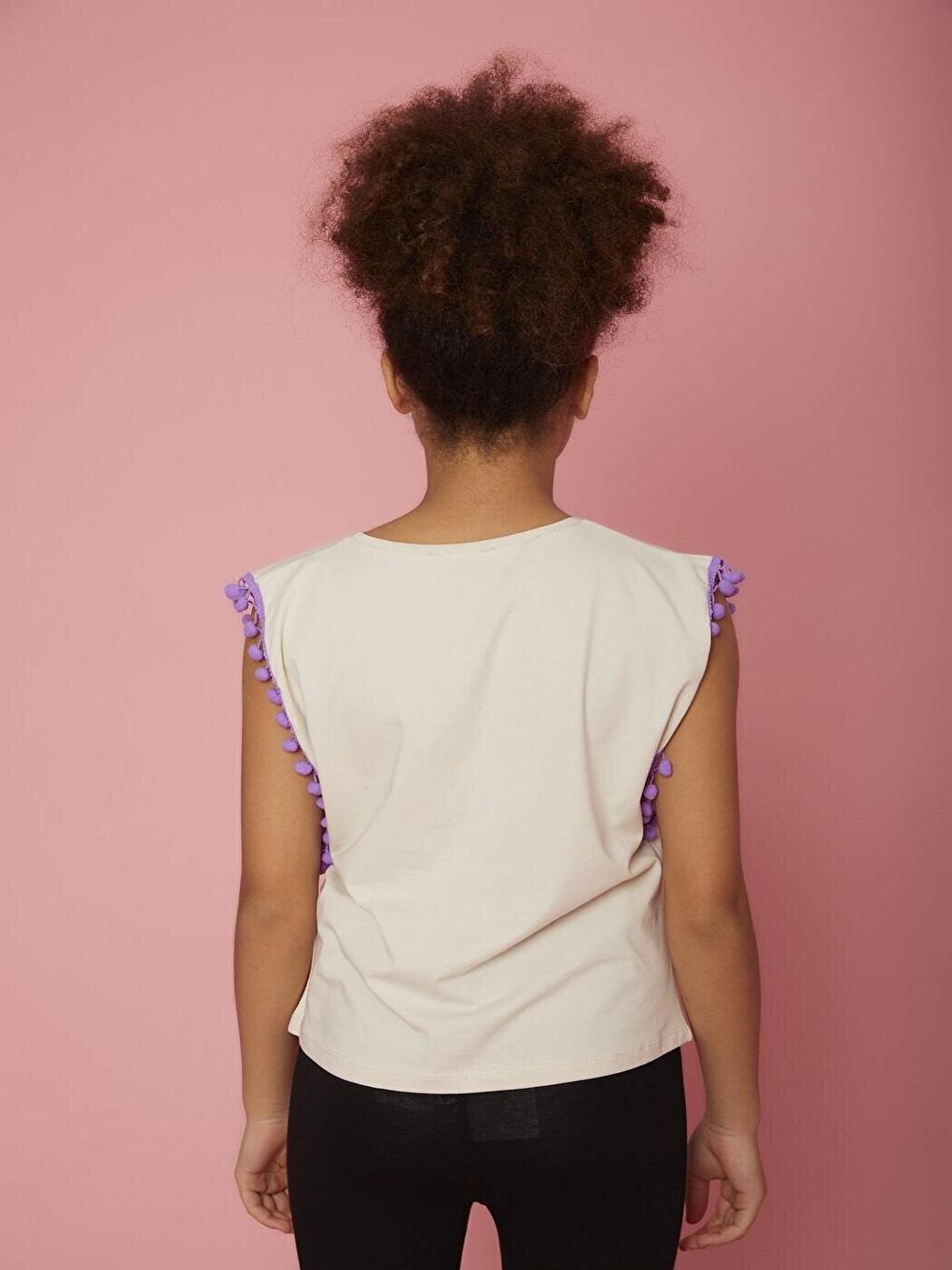 Bej Kız Çocuk Ponpon Şeritli Tişört-2