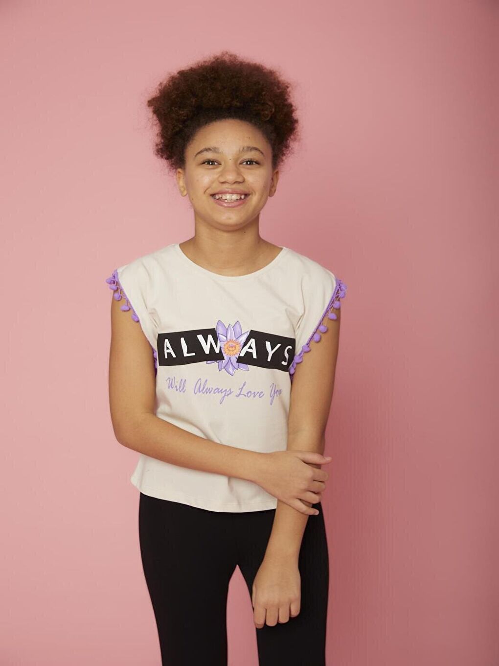 Bej Kız Çocuk Ponpon Şeritli Tişört-3