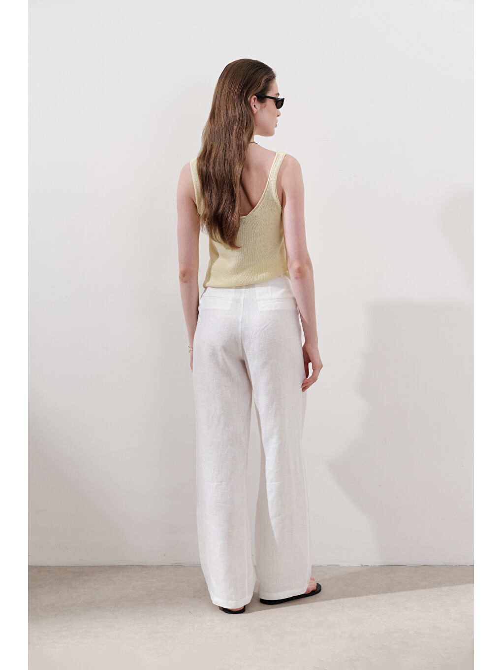 Keten Pileli Geniş Pantolon Ekru-5