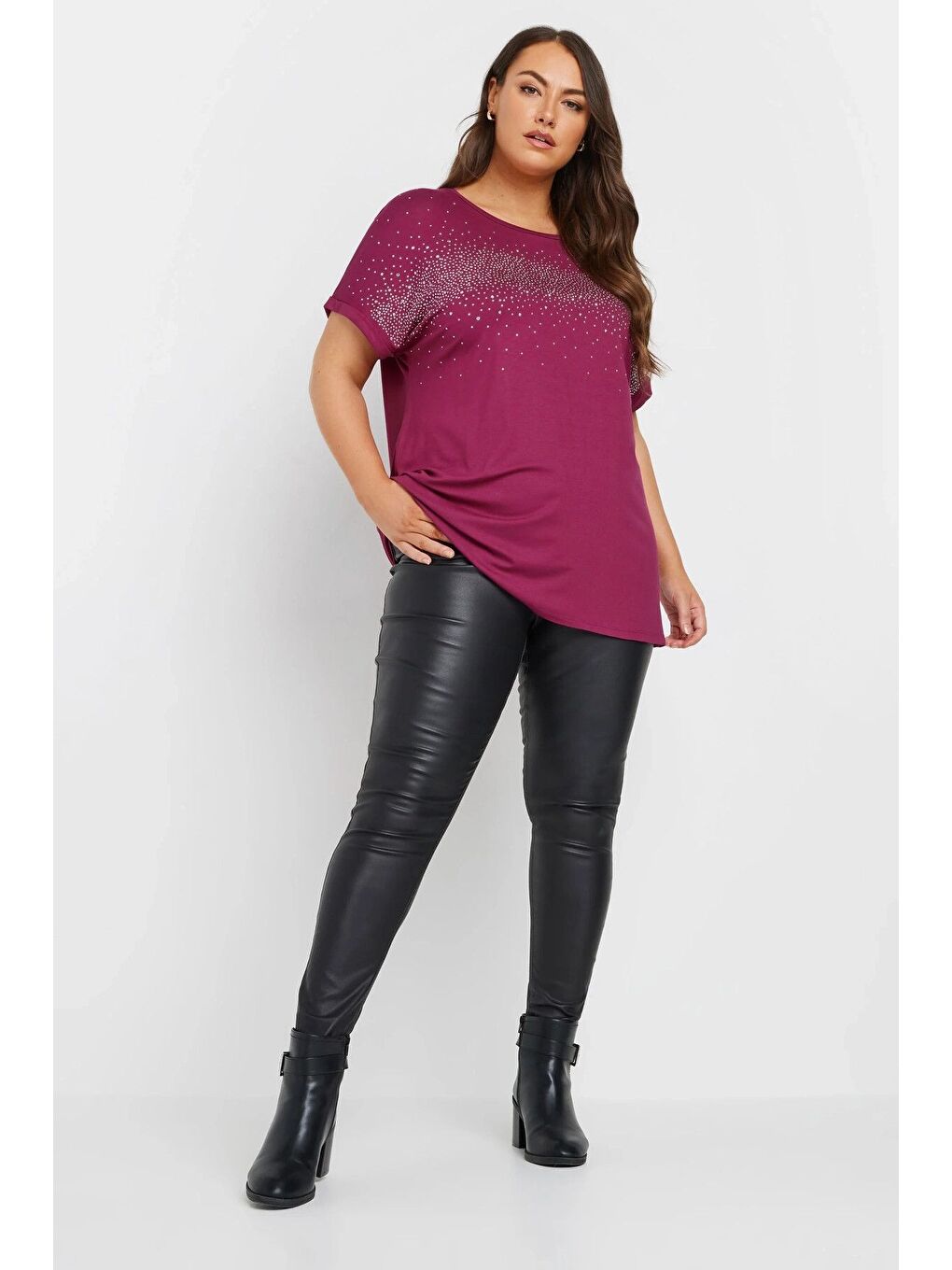 Bordo Büyük Beden Bisiklet Yaka Taş İşlemeli Kısa Kollu Bluz 322207-3