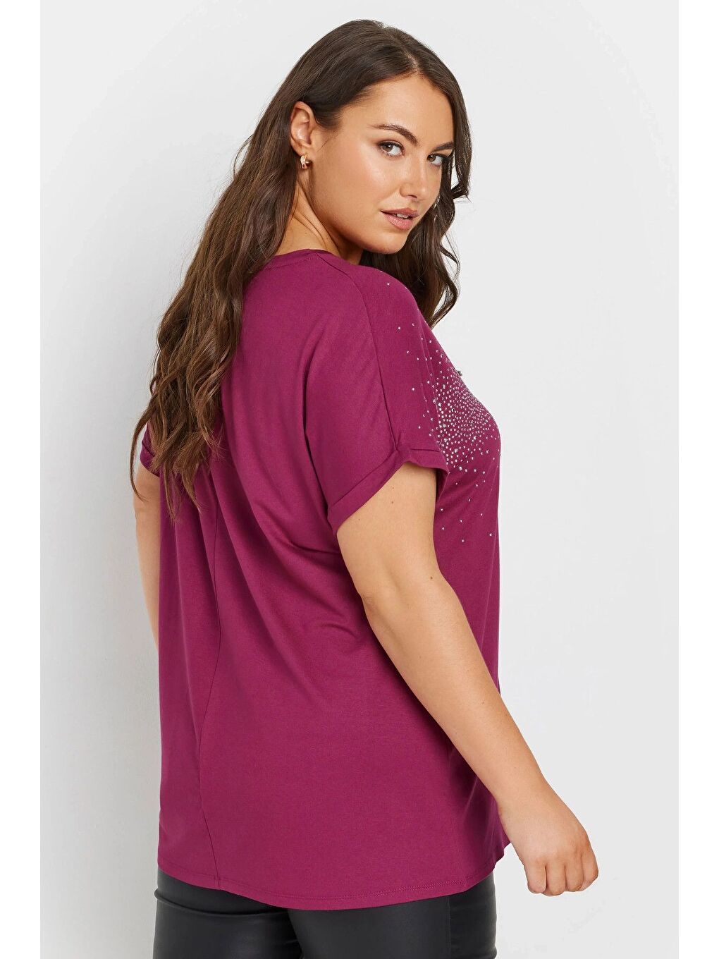 Bordo Büyük Beden Bisiklet Yaka Taş İşlemeli Kısa Kollu Bluz 322207-4