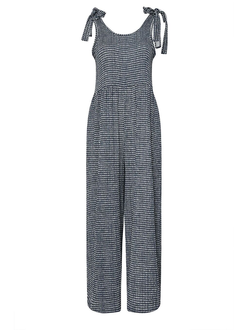 Lacivert Büyük Beden Bol Paça Askıları Bağlamalı Kare Desenli Maxi Tulum 160362-5