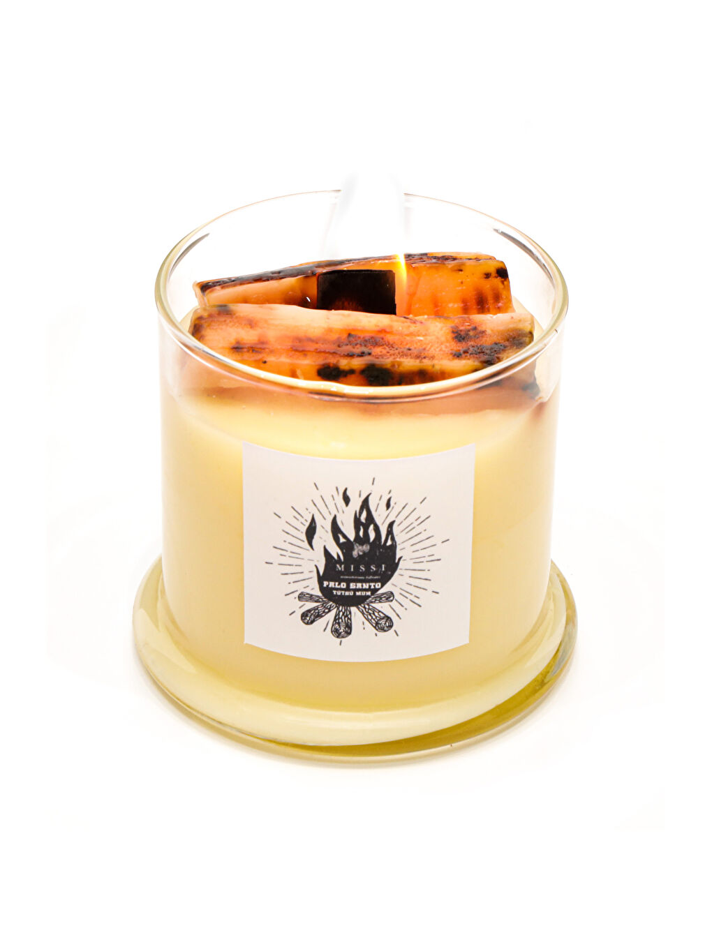 Ekru Üfleme Cam Ahşap Fitilli Palo Santo Vegan Mum(140 gr)