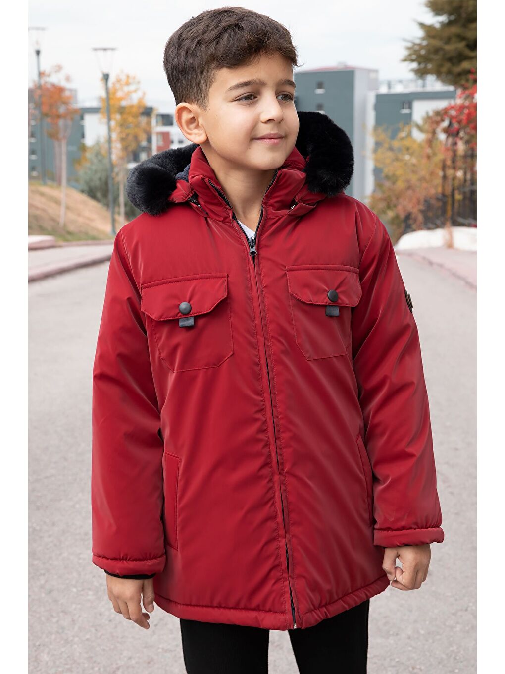 Bordo Çıtçıtlı Göğüs Cepli İçi Kürklü Erkek Çocuk Kapüşonlu Mont 21350-2