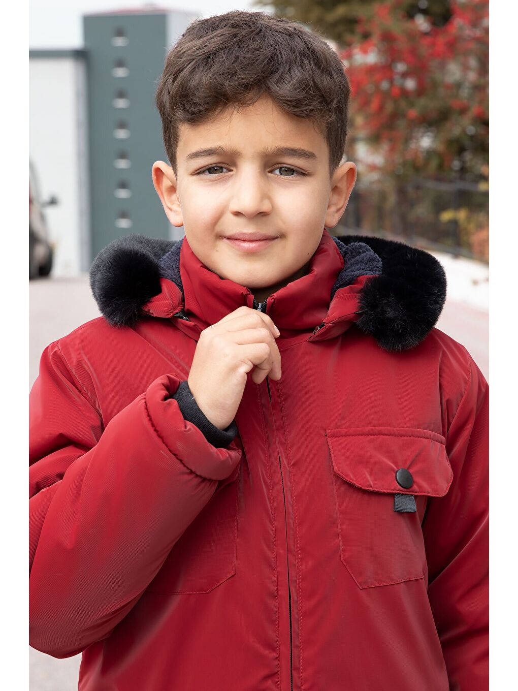 Bordo Çıtçıtlı Göğüs Cepli İçi Kürklü Erkek Çocuk Kapüşonlu Mont 21350-3