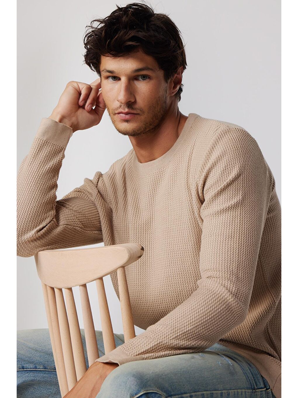 Bej Slim Fit Bisiklet Yaka Desenli Taş Erkek Kazak