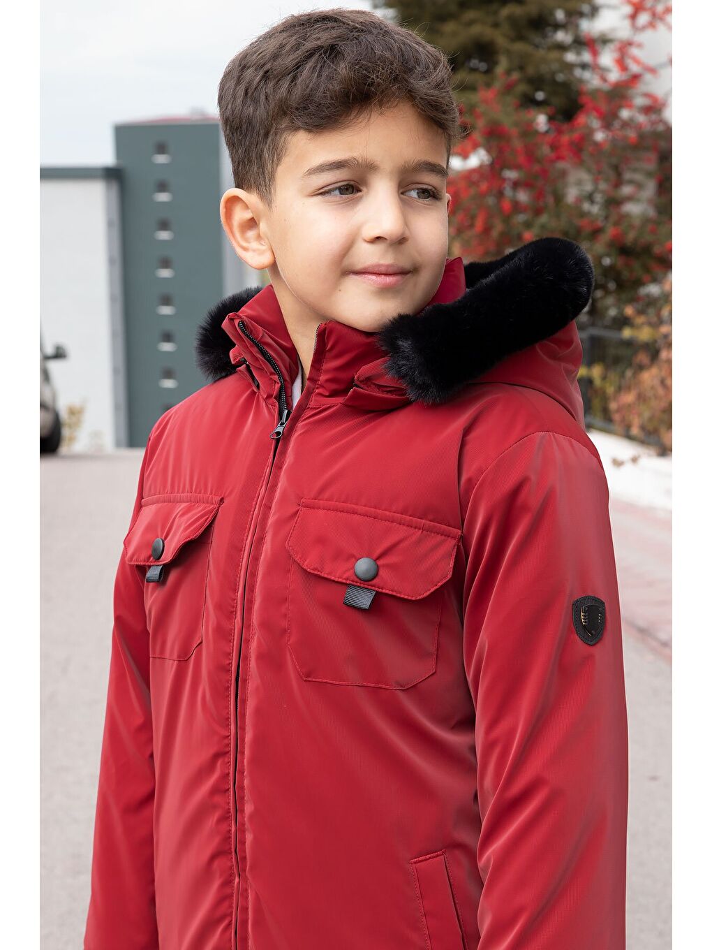 Bordo Çıtçıtlı Göğüs Cepli İçi Kürklü Erkek Çocuk Kapüşonlu Mont 21350-4